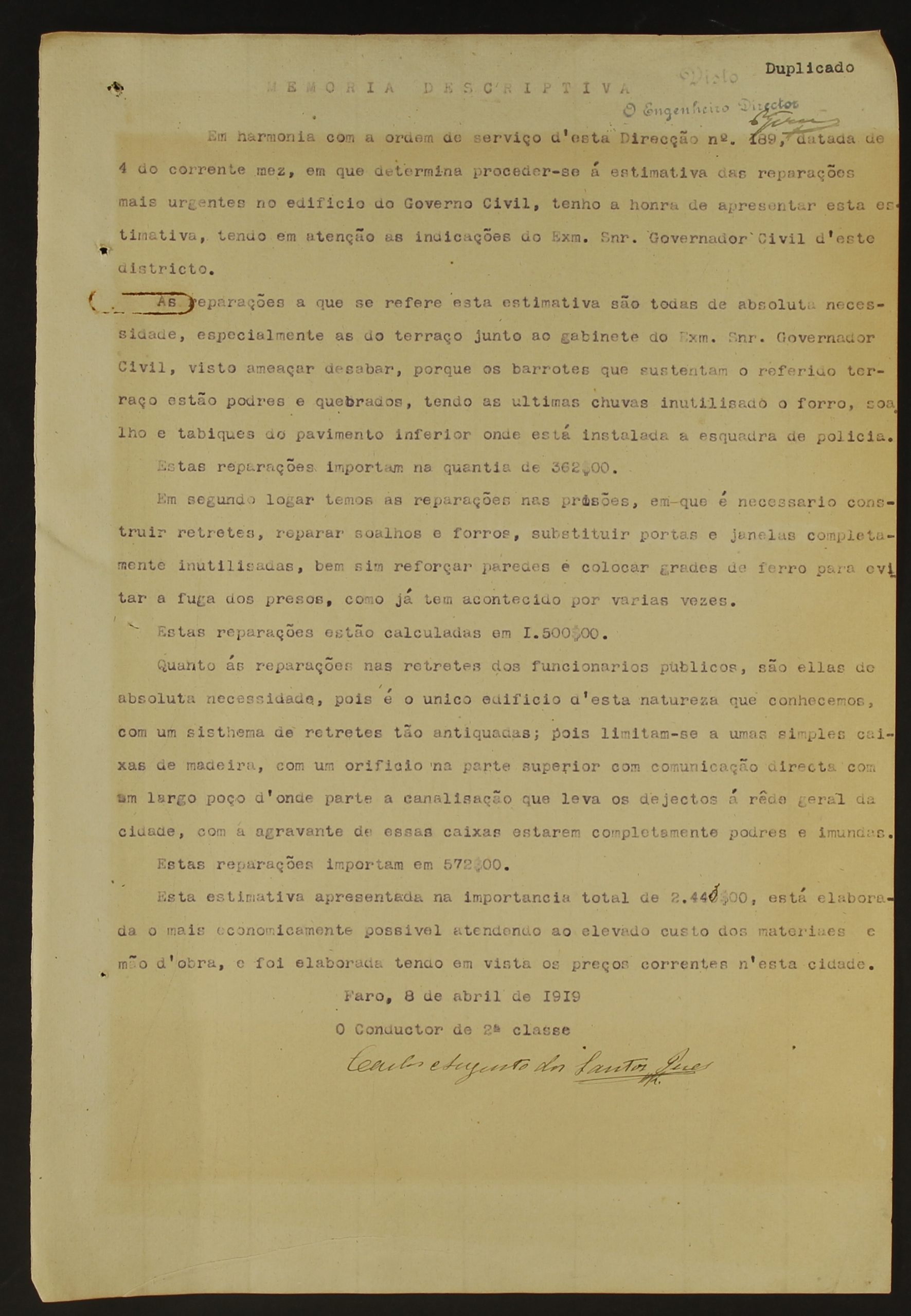 Estimativa das reparações a fazer no edifício do Governo Civil de Faro em 1919